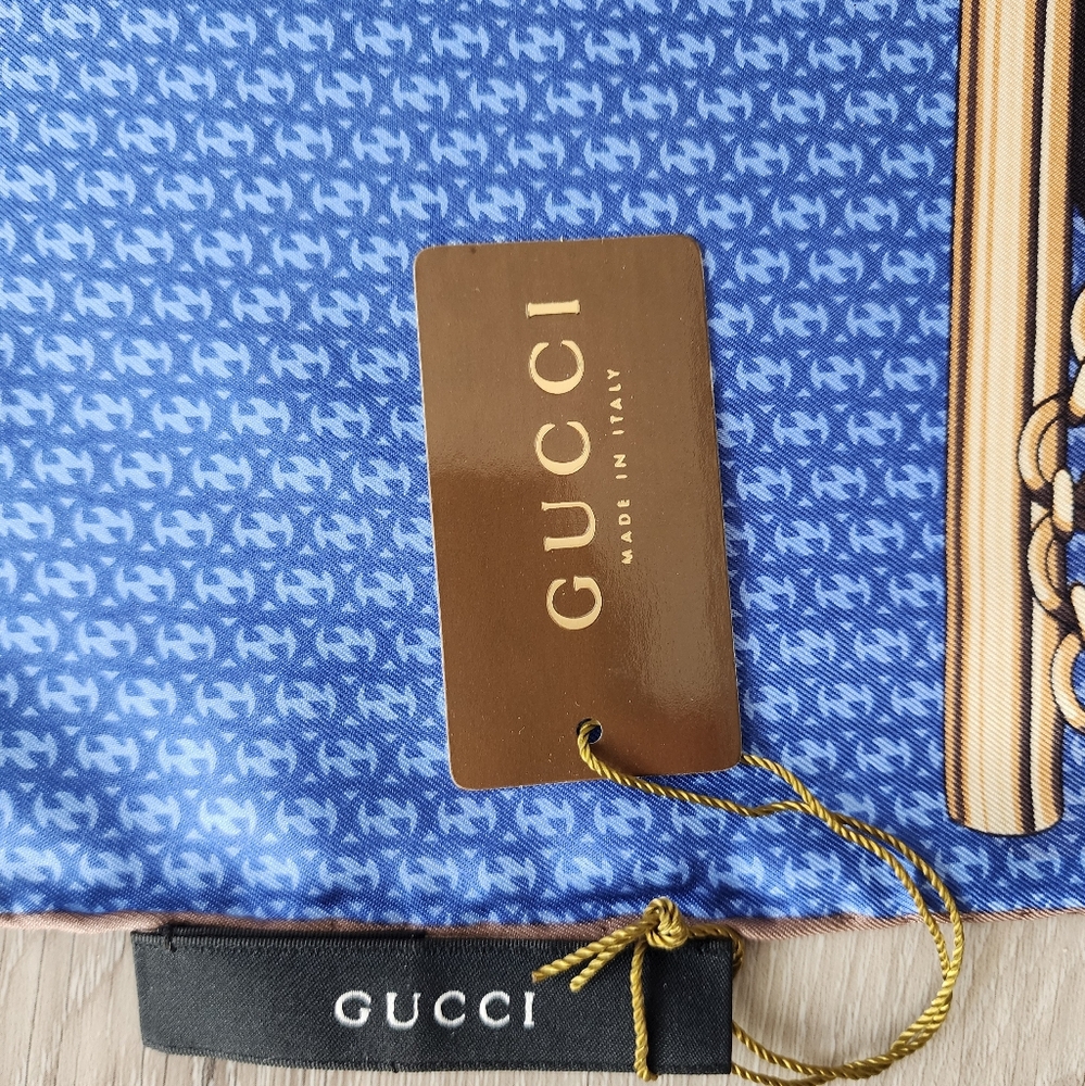 Auth Gucci NWT Equestrian Blue/Brown Silk Scarf - Picture 4 of 8